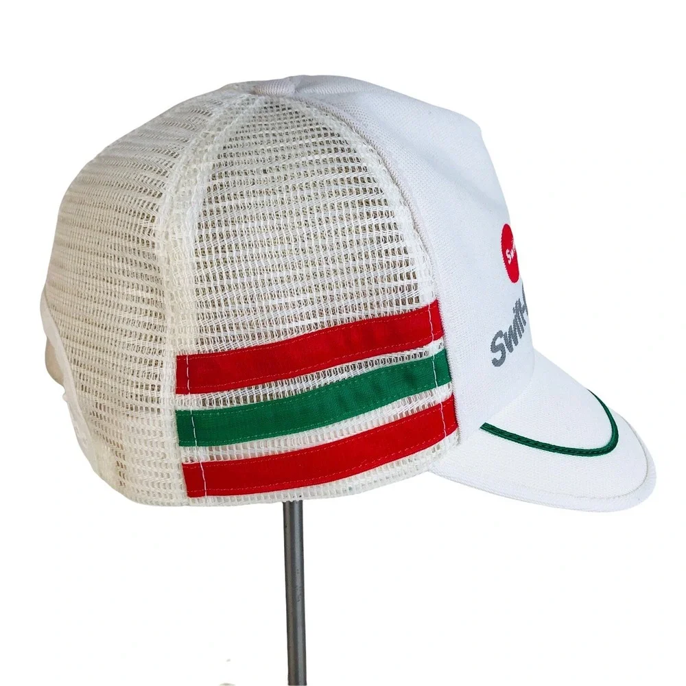 3 Stripe Trucker Hat Swift Eckrich Bars SnapBack Mesh Cap Made In USA White VTG